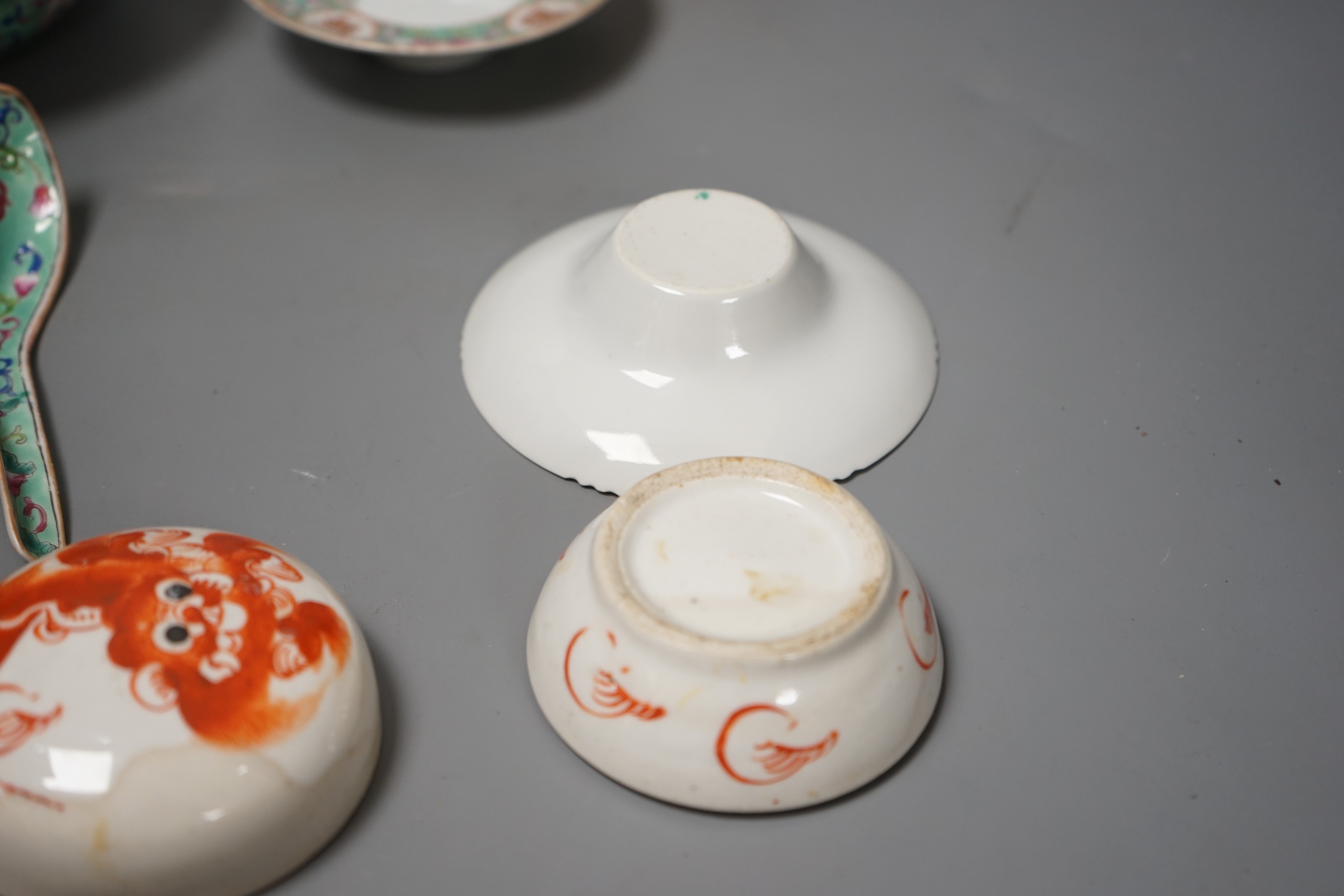 A group of 20th-century Chinese enamelled porcelain spoons, two stands a rice bowl and cover a box and cover and two other items